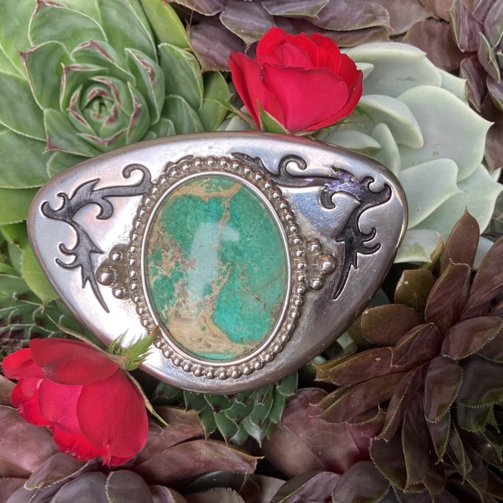 Vintage Unisex Western Boho Large Green Turquoise Stone Etched Metal Belt Buckle - Picture 13 of 13